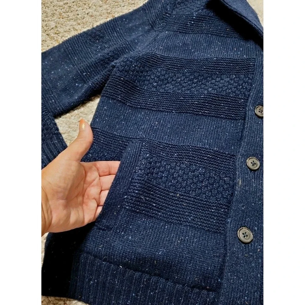 Lands' End Navy Textured Wool Blend Sherpa Trim Button Sweater Men's Large 42-44